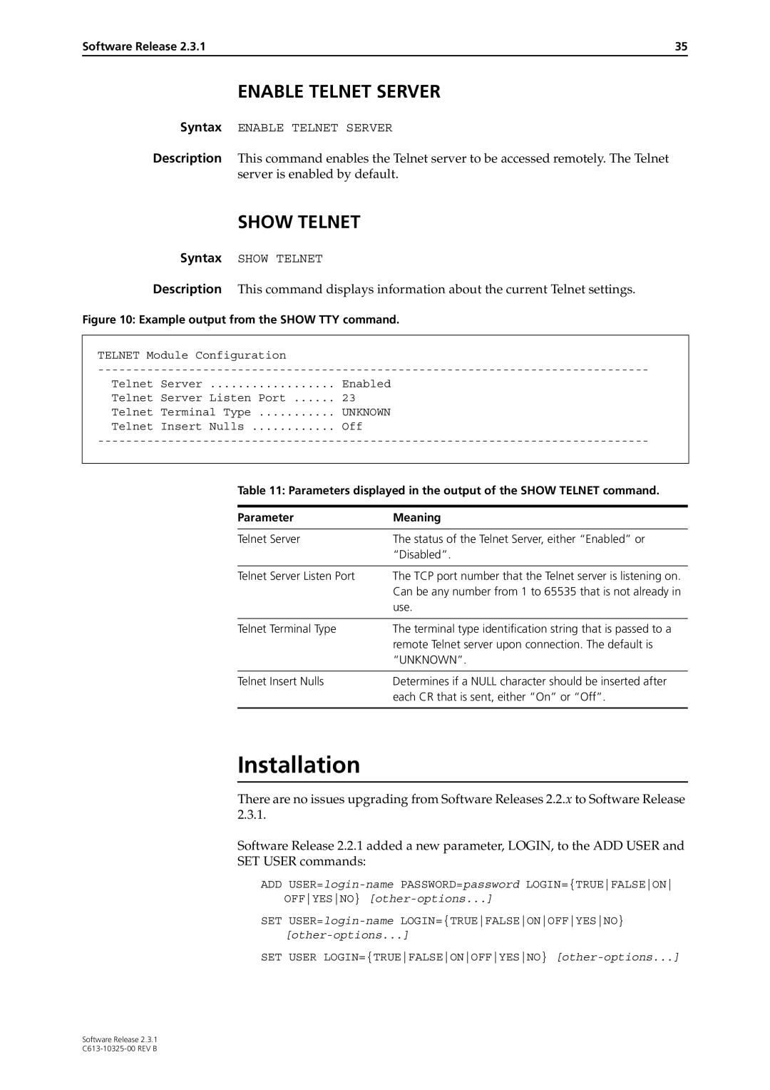 Allied Telesis AT-AR300 manual Installation, Enable Telnet Server 