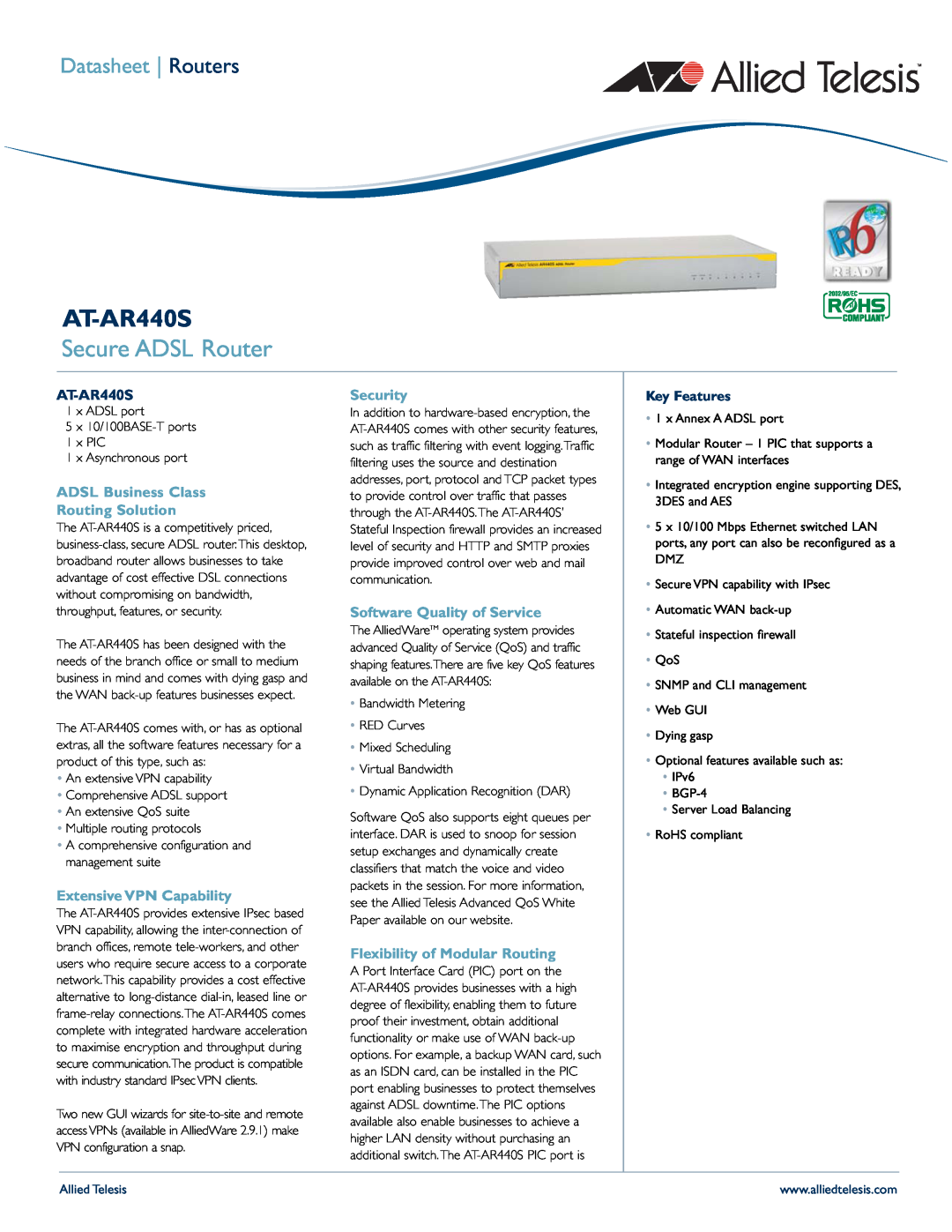 Allied Telesis AT-AR440S-10 manual Secure ADSL Router, Datasheet Routers, Key Features, Allied Telesis 