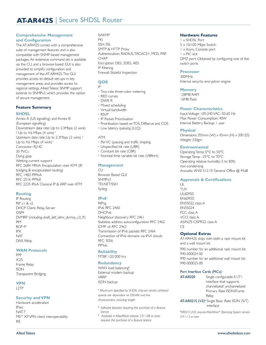 Allied Telesis AT-AR442S manual Shdsl, Vpn, Qos 