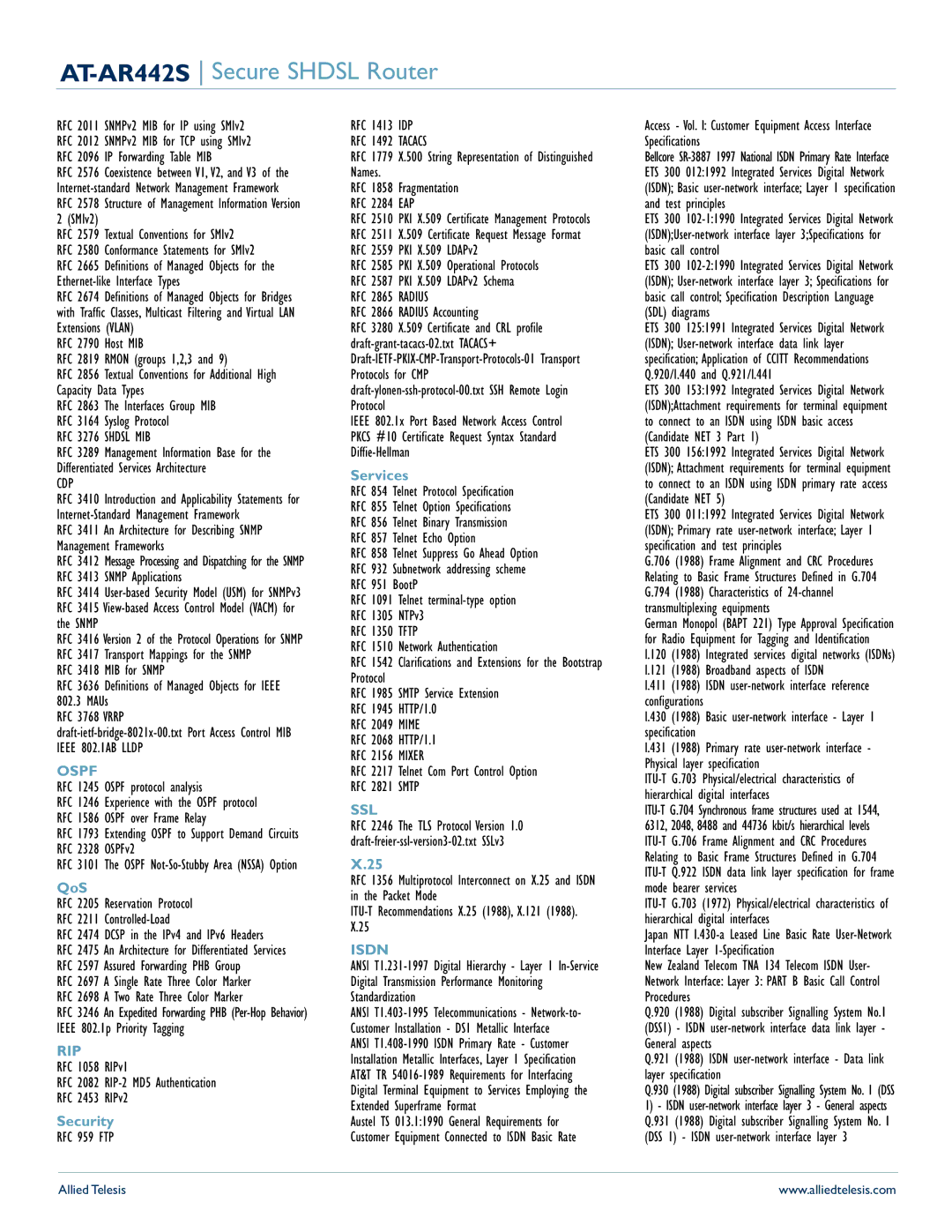 Allied Telesis AT-AR442S manual Ospf, Rip, Ssl, Isdn 