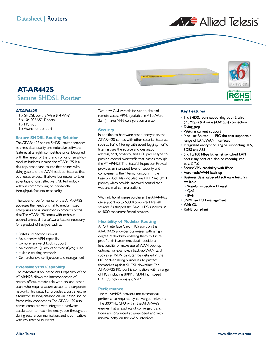 Allied Telesis AT-AR442S manual Secure SHDSL Router, Datasheet Routers, Key Features 