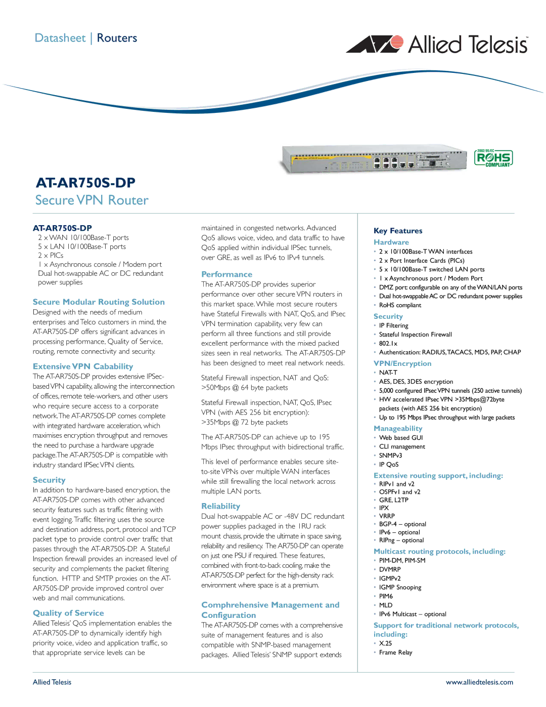 Allied Telesis AT-AR750S-dp manual Secure Modular Routing Solution, Extensive VPN Cabability, Security, Quality of Service 