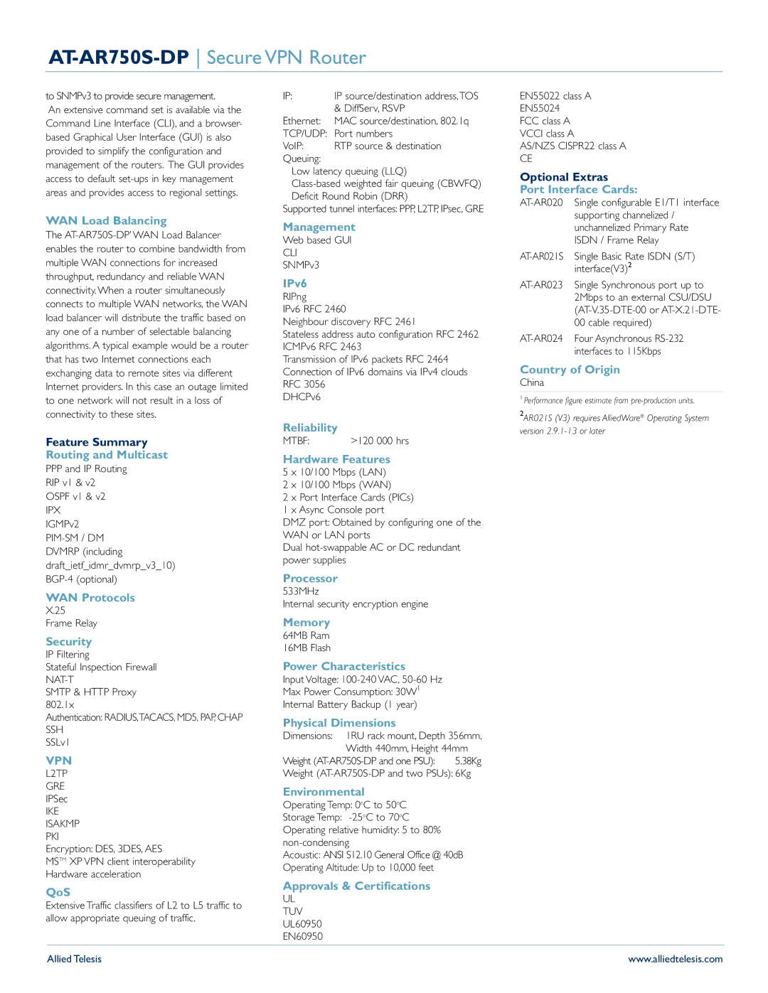 Allied Telesis AT-AR750S-dp WAN Load Balancing, Routing and Multicast, WAN Protocols, QoS, Management, IPv6, Processor 