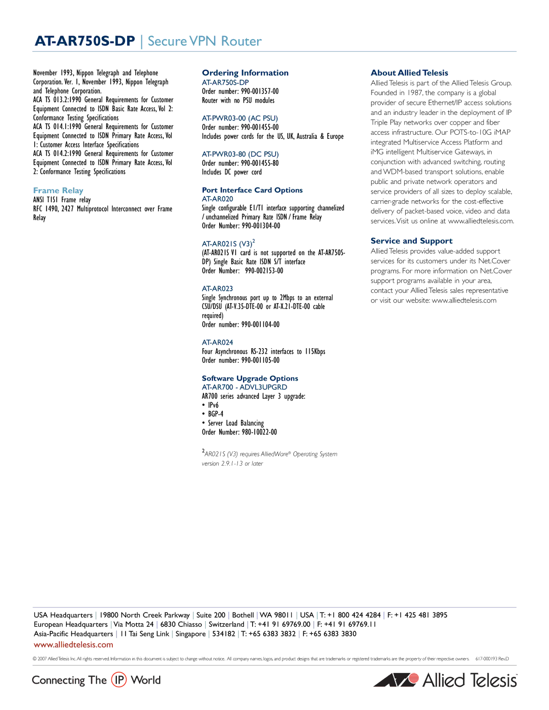 Allied Telesis AT-AR750S-dp manual RFC 1490, 2427 Multiprotocol Interconnect over Frame Relay, Order Number 