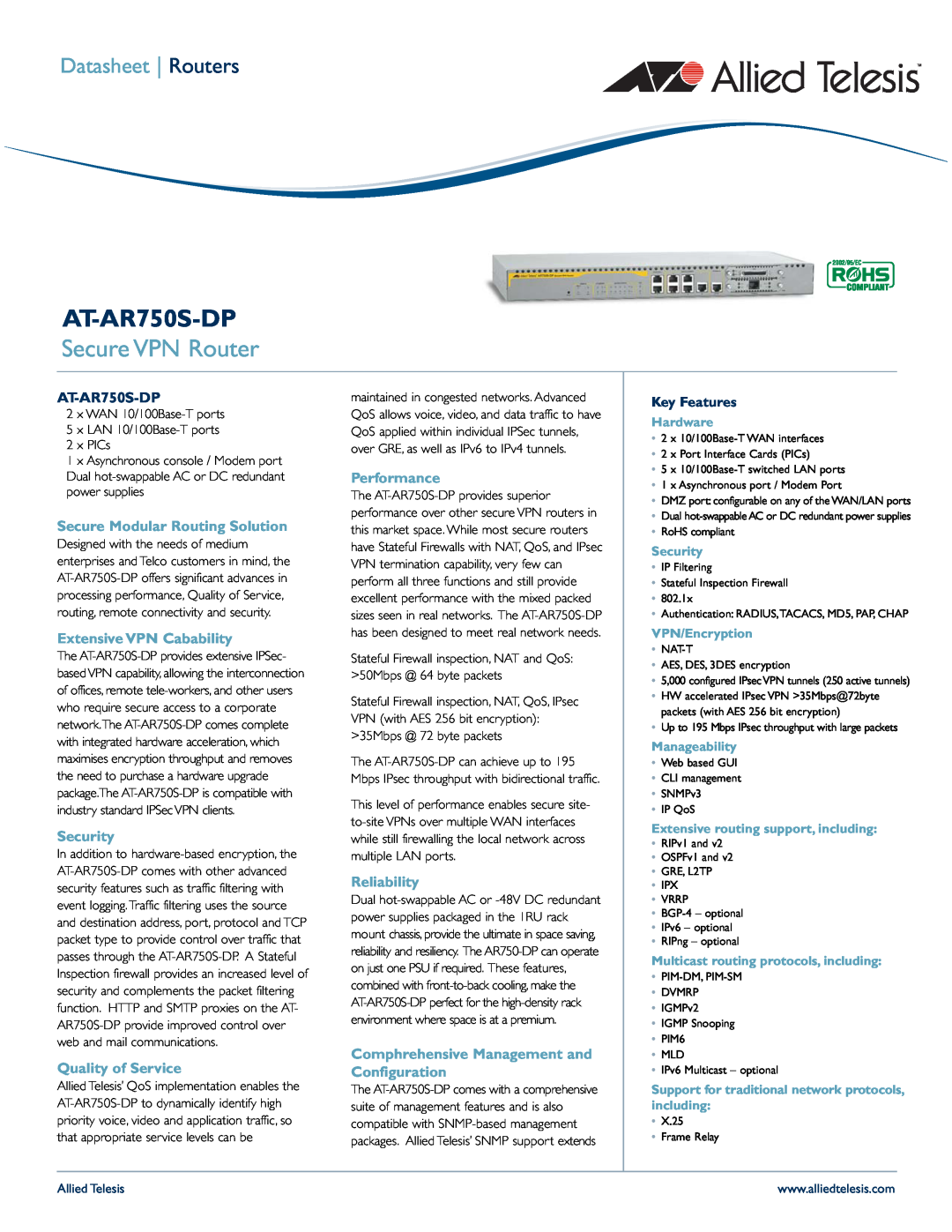 Allied Telesis AT-AR750S-dp manual Secure VPN Router, AT-AR750S-DP, Datasheet Routers, Key Features, Hardware, Security 
