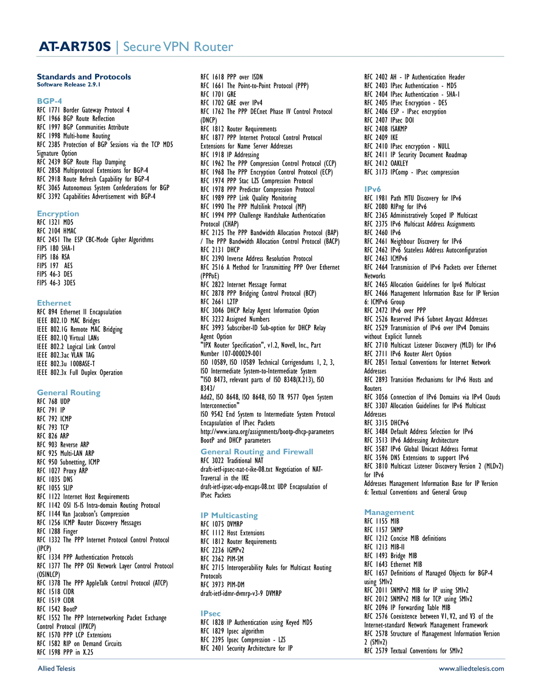 Allied Telesis AT-AR750S manual Encryption, Ethernet, General Routing, IP Multicasting, IPsec 