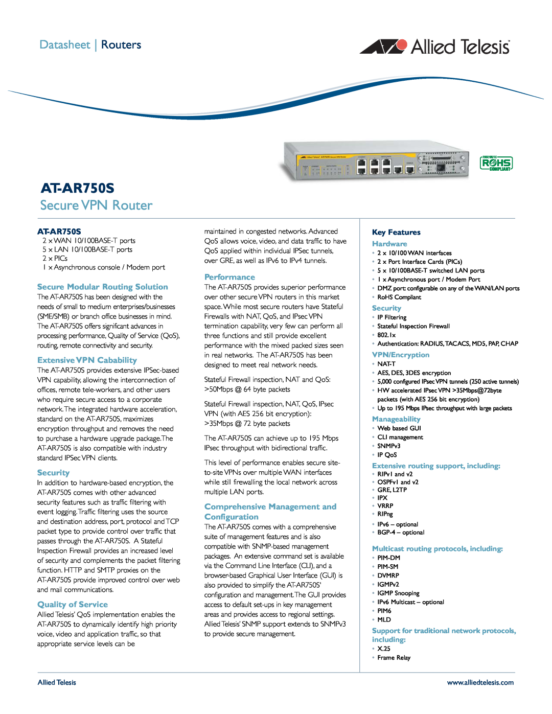 Allied Telesis AT-AR750S manual Secure VPN Router, Key Features, Datasheet Routers, Hardware, Security, VPN/Encryption 