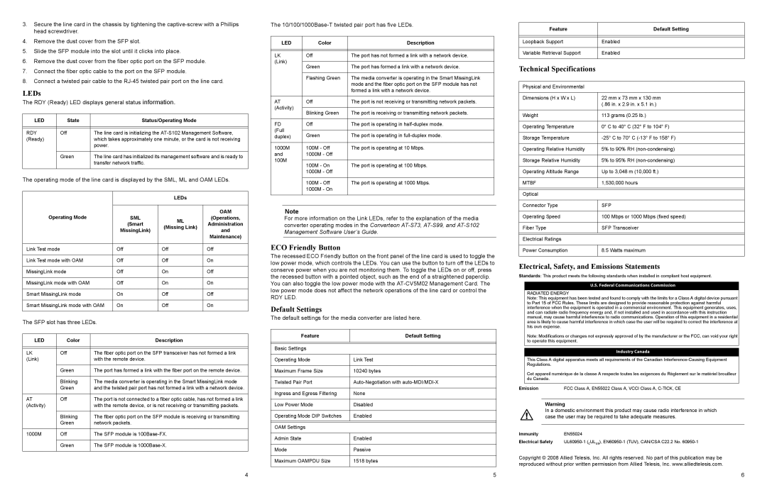 Allied Telesis AT-CM3K0S specifications LEDs, ECO Friendly Button, Default Settings, Technical Specifications 