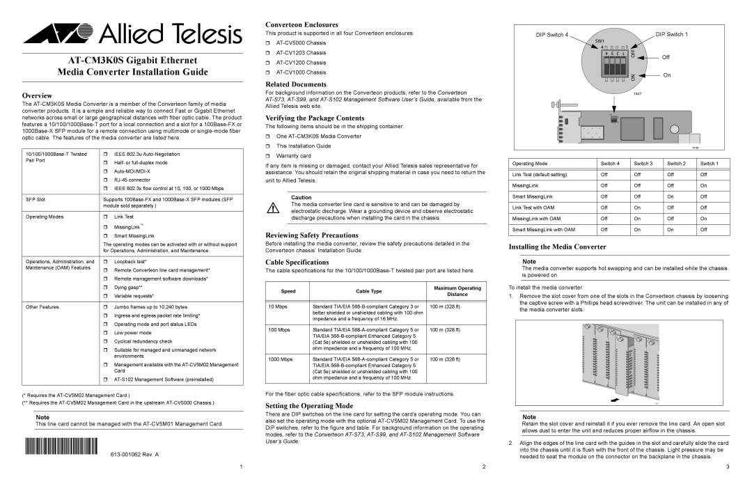 Allied Telesis AT-CM3K0S specifications Converteon Enclosures, Related Documents, Overview, Verifying the Package Contents 