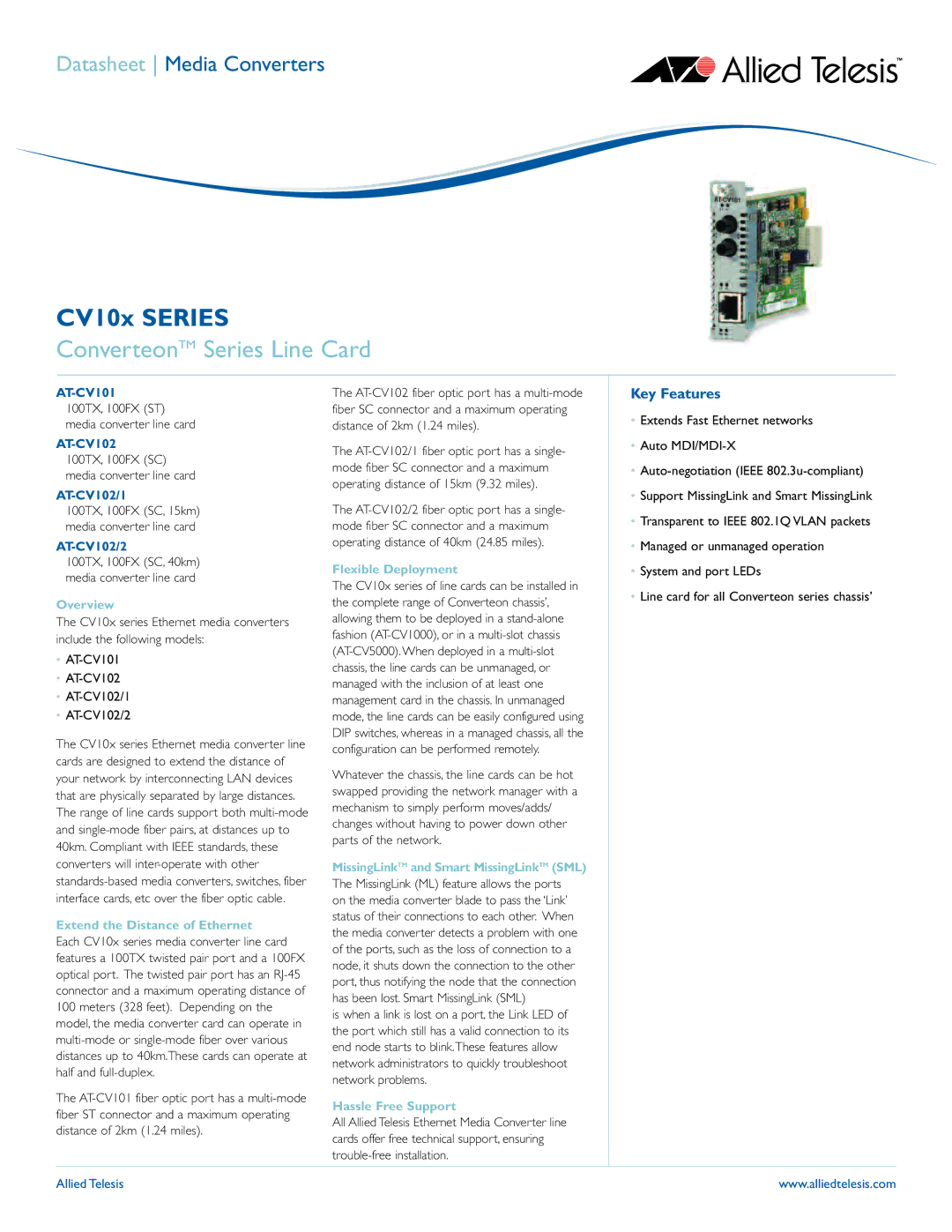 Allied Telesis AT-CV10x Series manual Overview, Extend the Distance of Ethernet, Flexible Deployment, Hassle Free Support 