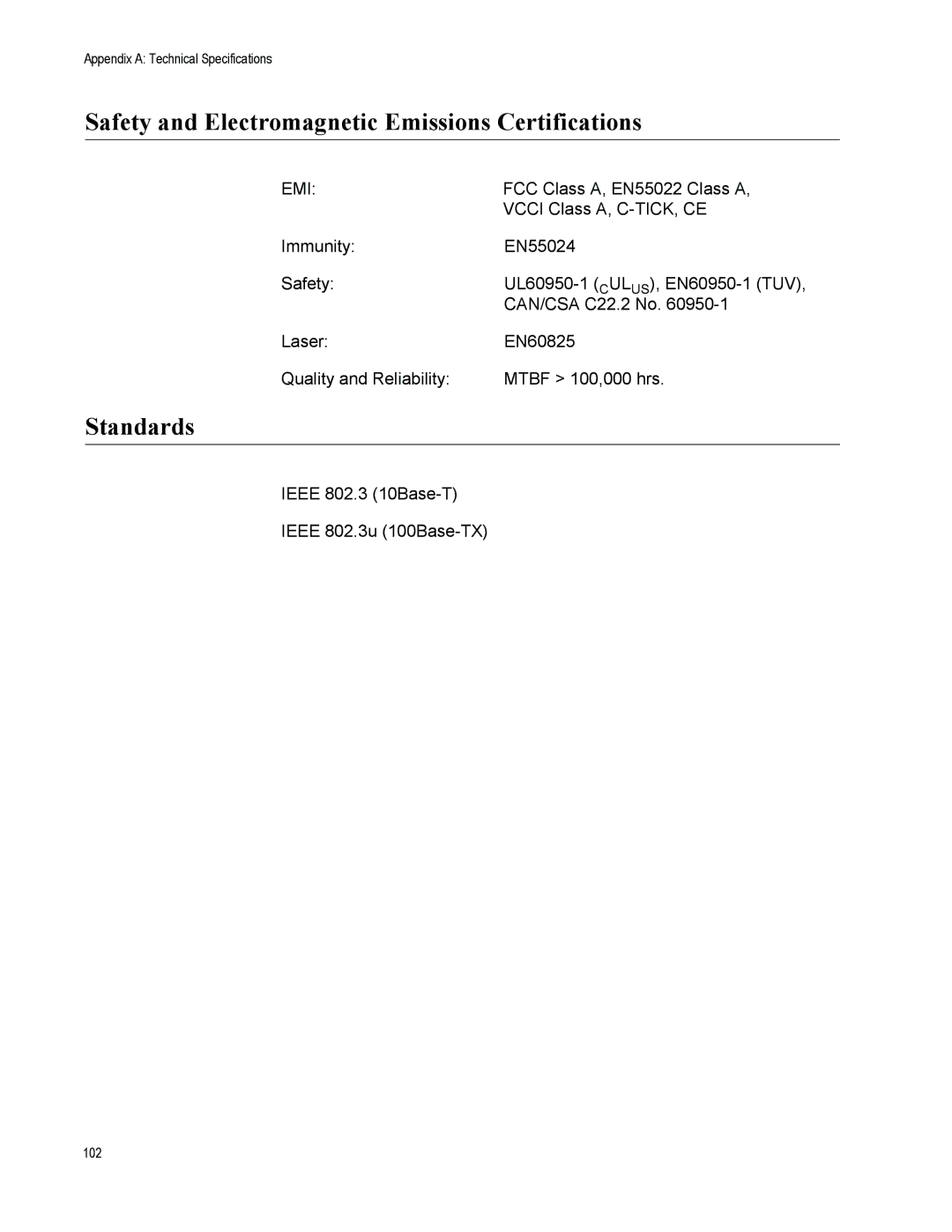 Allied Telesis AT-CV5000 manual Safety and Electromagnetic Emissions Certifications, Standards 