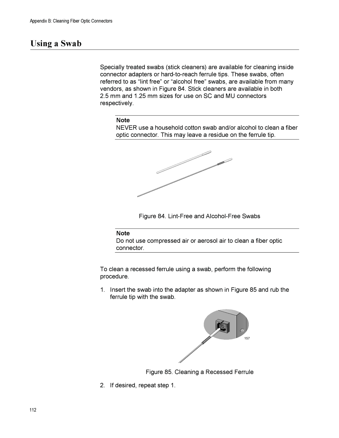 Allied Telesis AT-CV5000 manual Using a Swab, Cleaning a Recessed Ferrule If desired, repeat step 