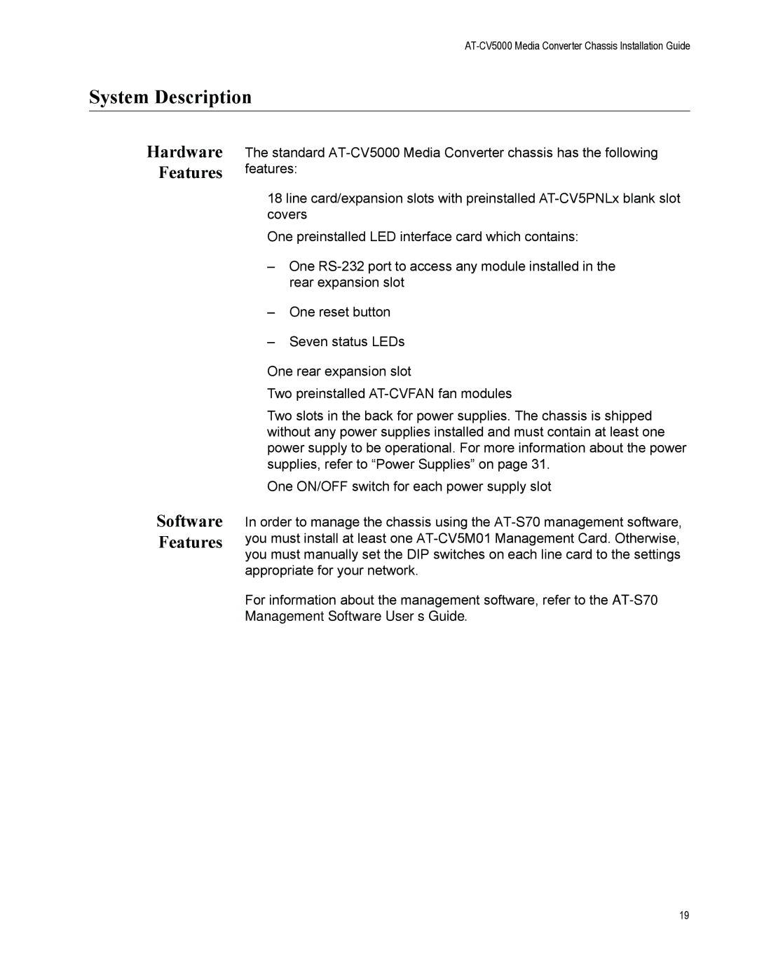 Allied Telesis AT-CV5000 manual System Description, Hardware Features Software Features 