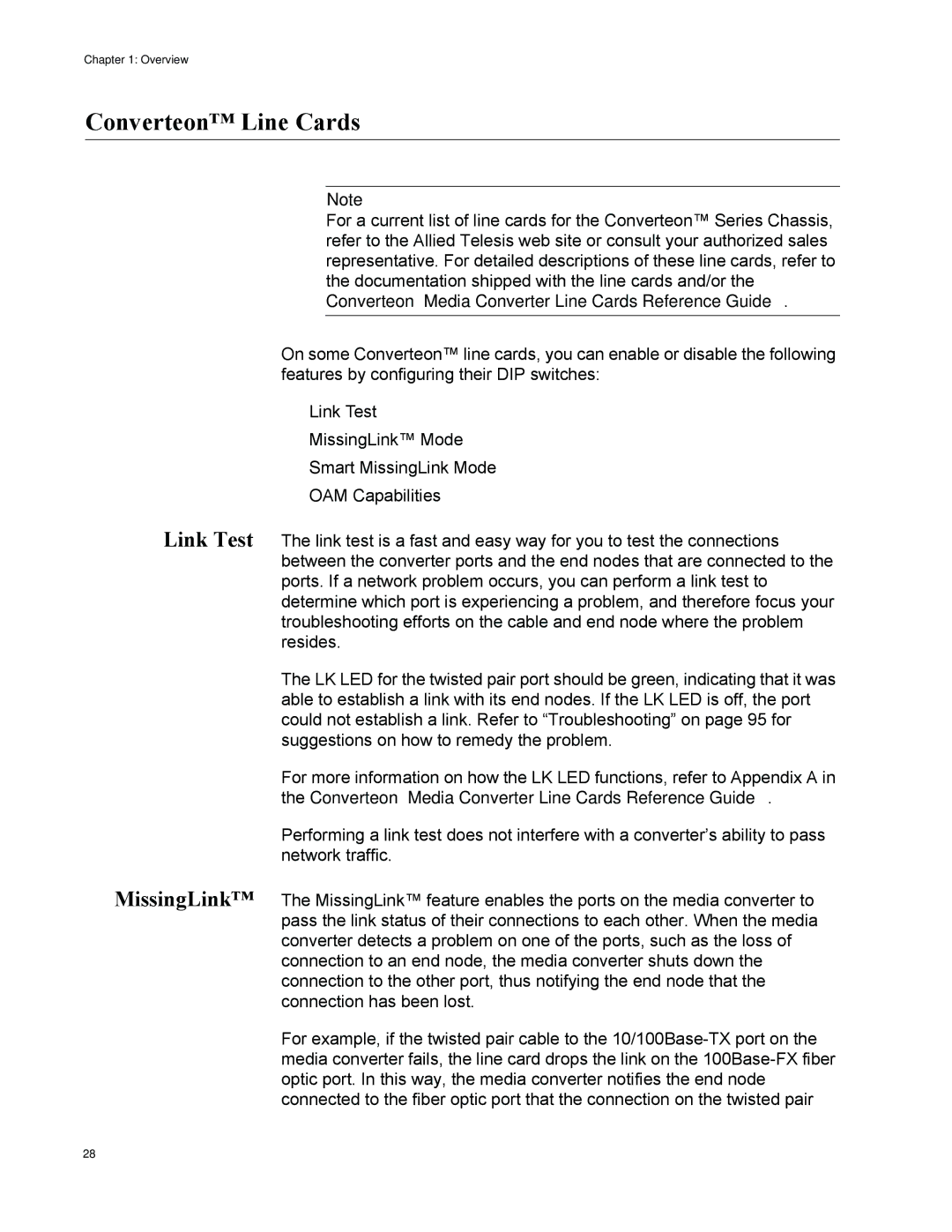 Allied Telesis AT-CV5000 manual Converteon Line Cards, Link Test MissingLink 