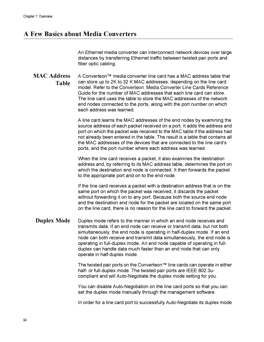 Allied Telesis AT-CV5000 manual Few Basics about Media Converters, MAC Address Table Duplex Mode 