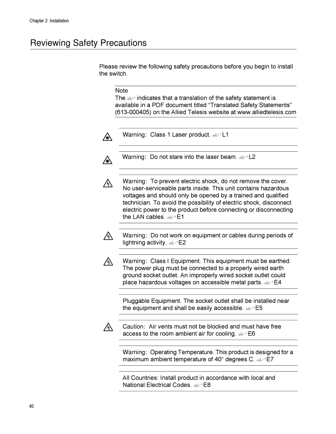 Allied Telesis AT-CV5000 manual Reviewing Safety Precautions 