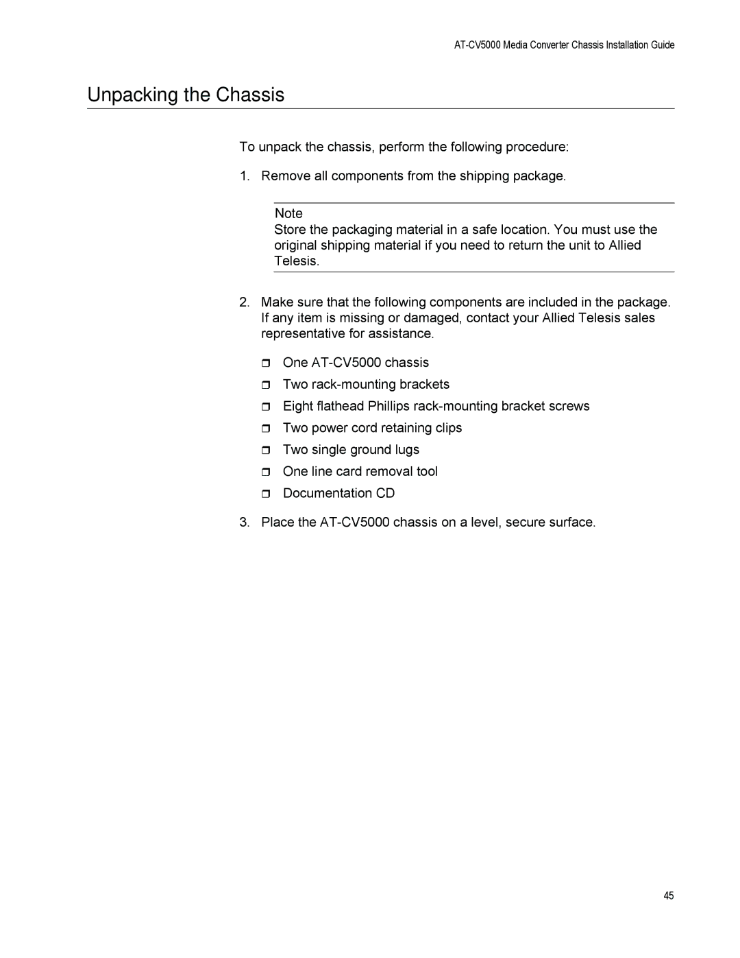 Allied Telesis AT-CV5000 manual Unpacking the Chassis 