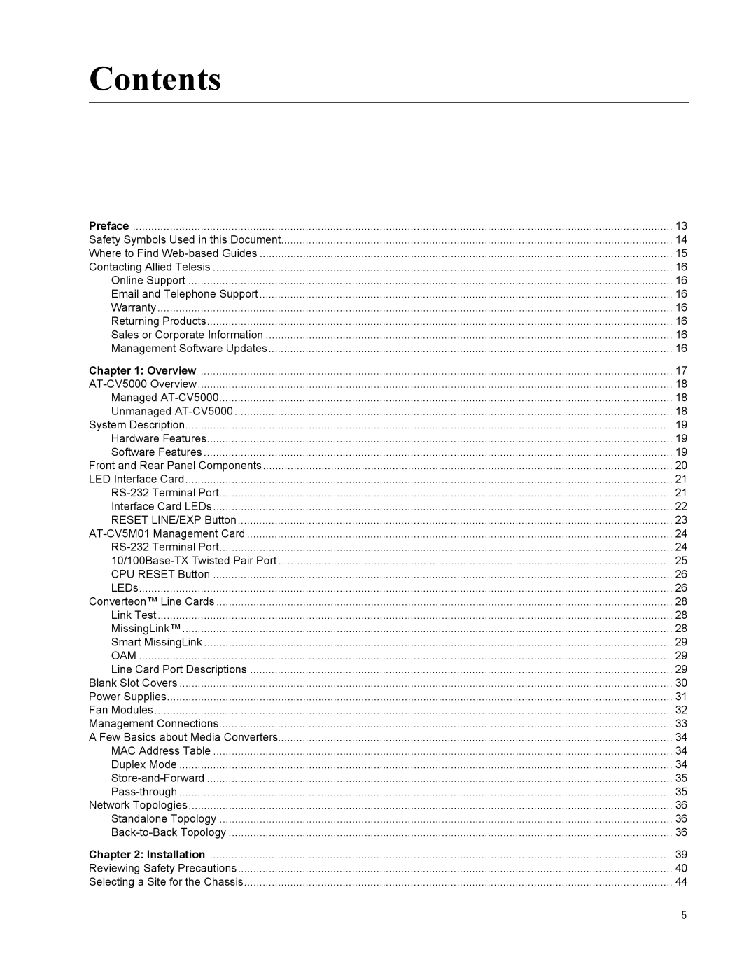 Allied Telesis AT-CV5000 manual Contents 