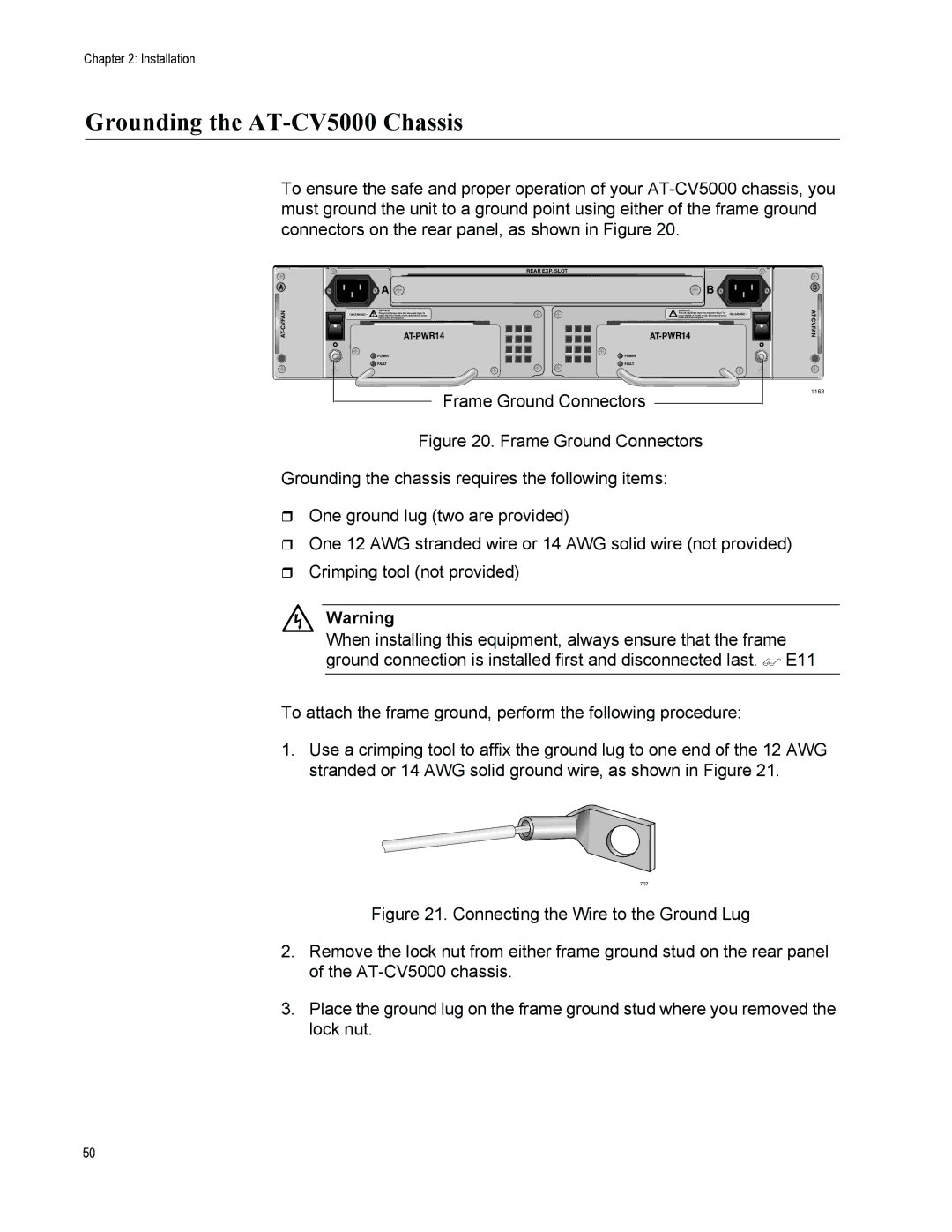 Allied Telesis manual Grounding the AT-CV5000 Chassis, Frame Ground Connectors 