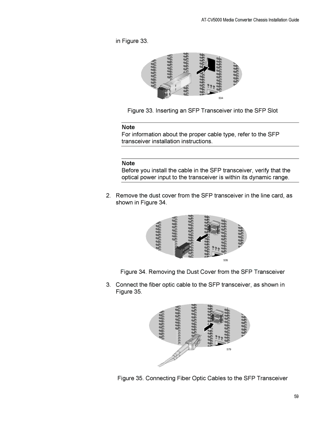 Allied Telesis AT-CV5000 manual Connecting Fiber Optic Cables to the SFP Transceiver 