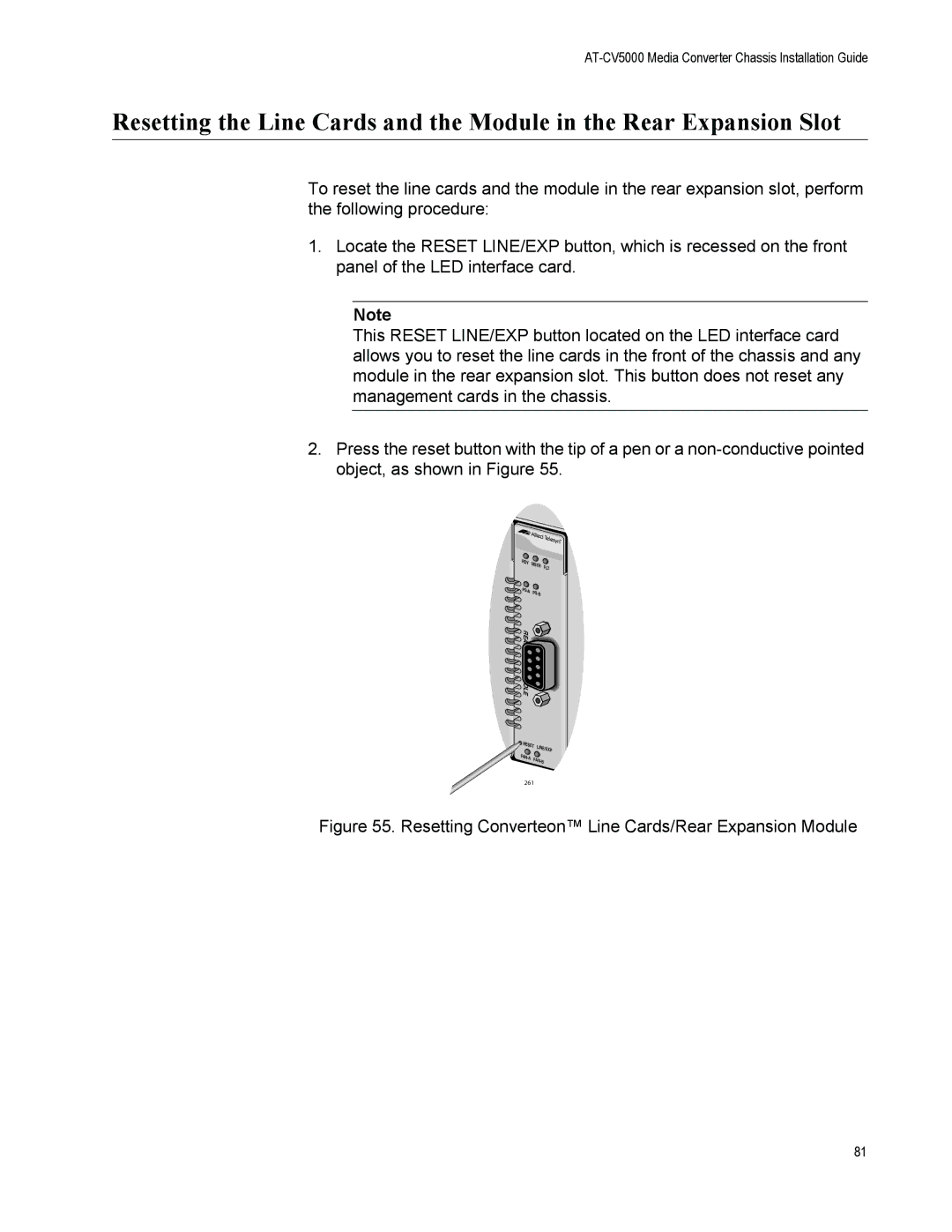 Allied Telesis AT-CV5000 manual Resetting Converteon Line Cards/Rear Expansion Module 