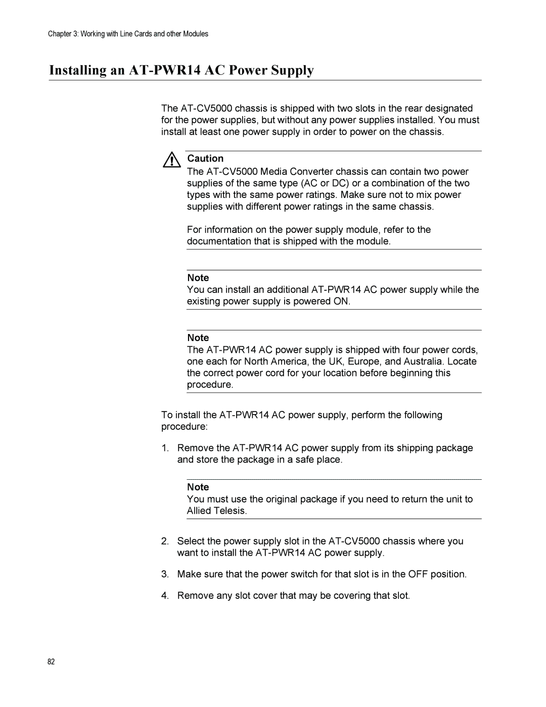 Allied Telesis AT-CV5000 manual Installing an AT-PWR14 AC Power Supply 