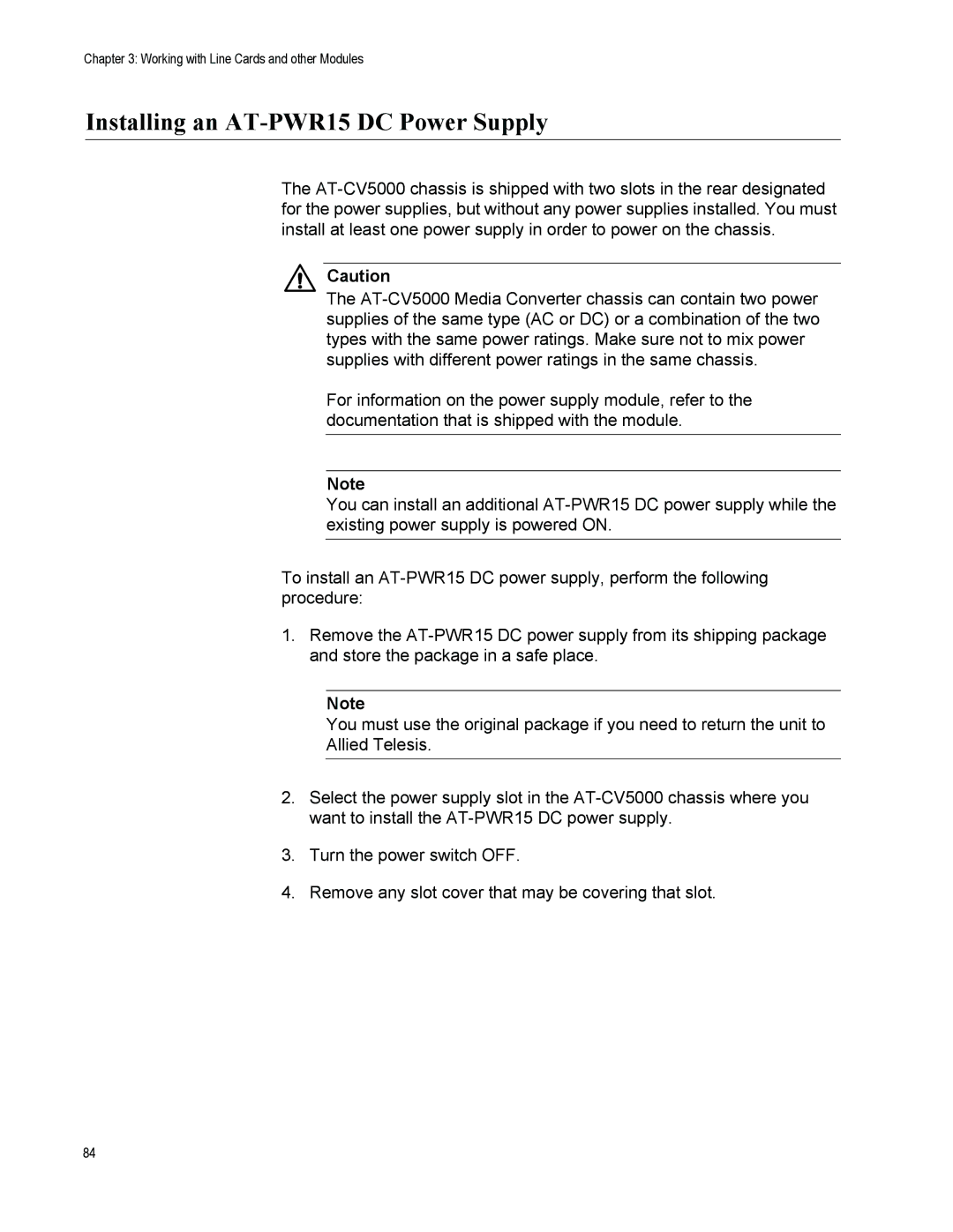 Allied Telesis AT-CV5000 manual Installing an AT-PWR15 DC Power Supply 