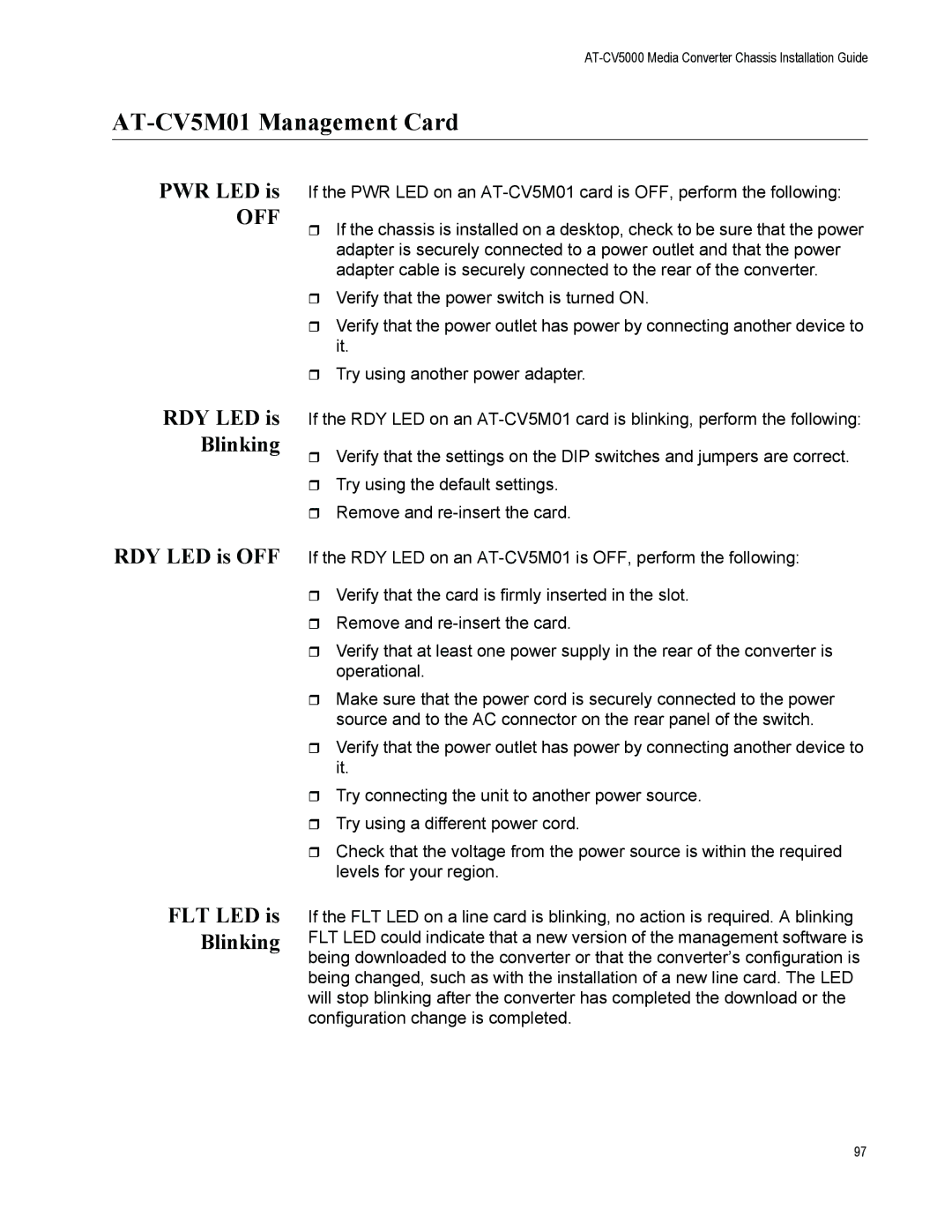 Allied Telesis AT-CV5000 manual PWR LED is, RDY LED is Blinking RDY LED is OFF FLT LED is 