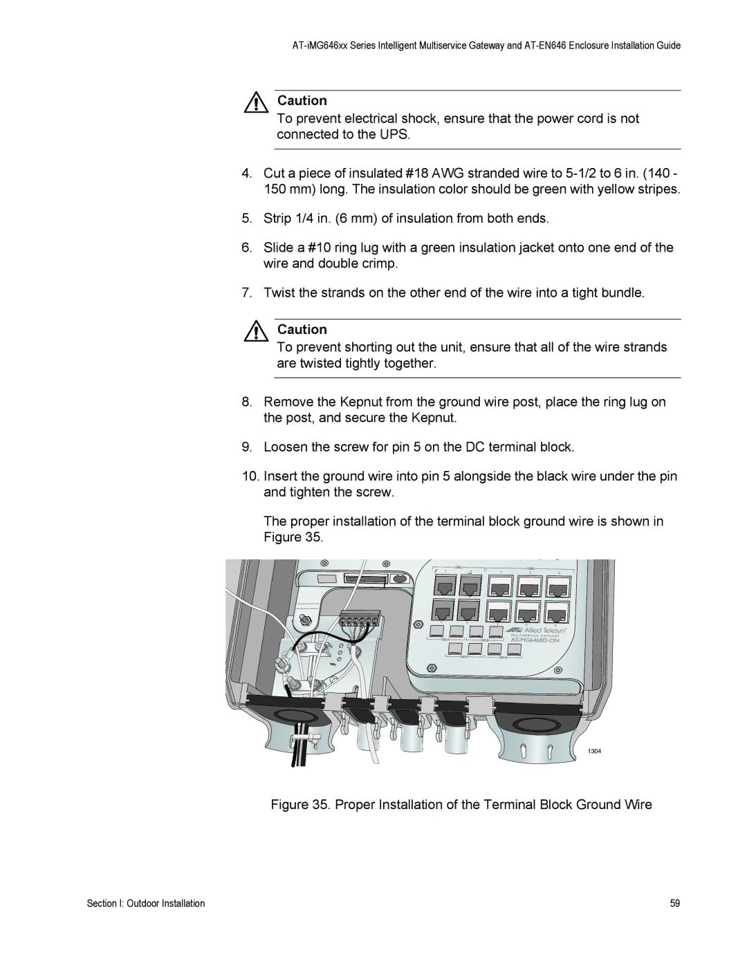 Allied Telesis AT-iMG646PX-ON, AT-EN646 manual Proper Installation of the Terminal Block Ground Wire 