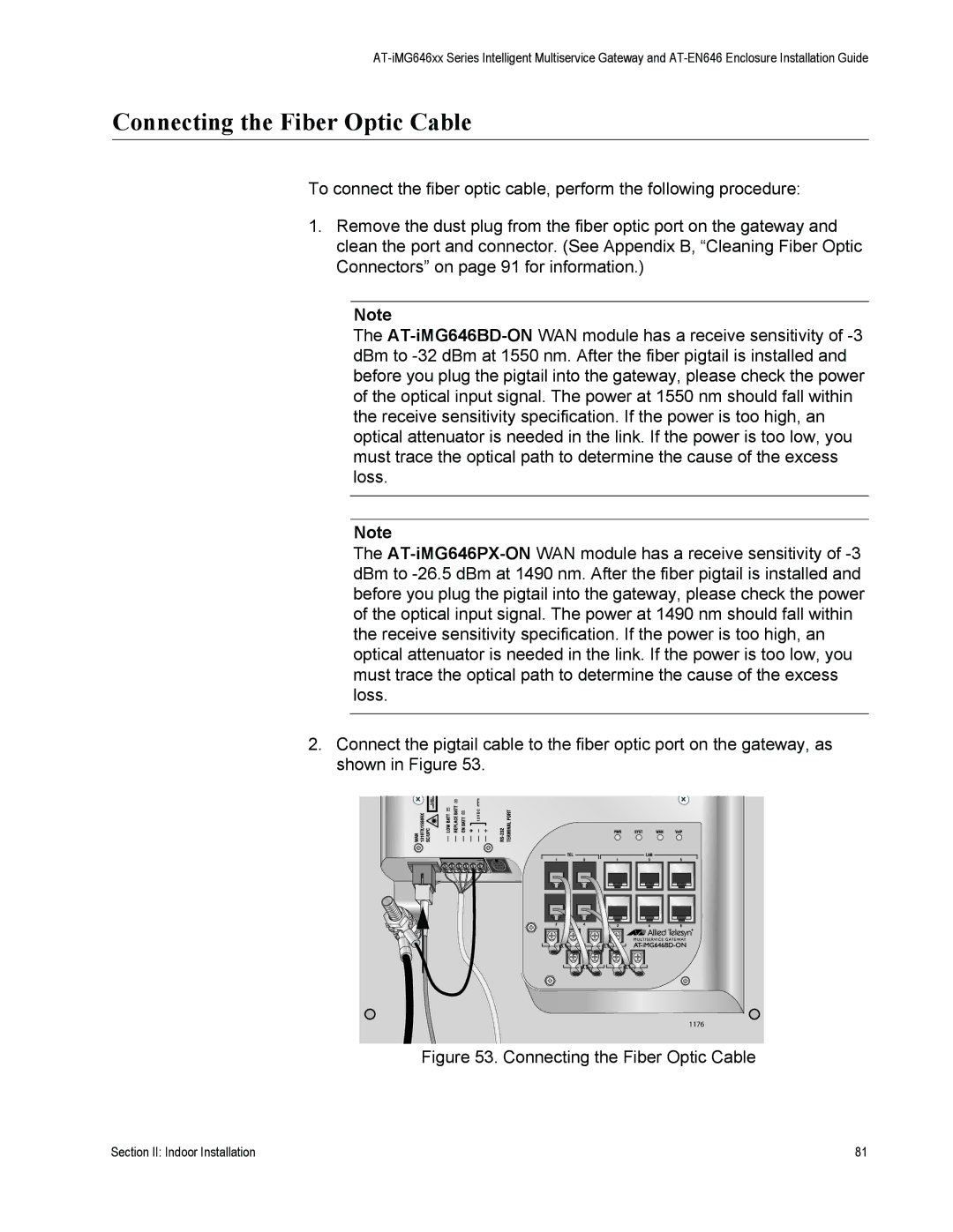 Allied Telesis AT-iMG646PX-ON, AT-EN646 manual Connecting the Fiber Optic Cable 