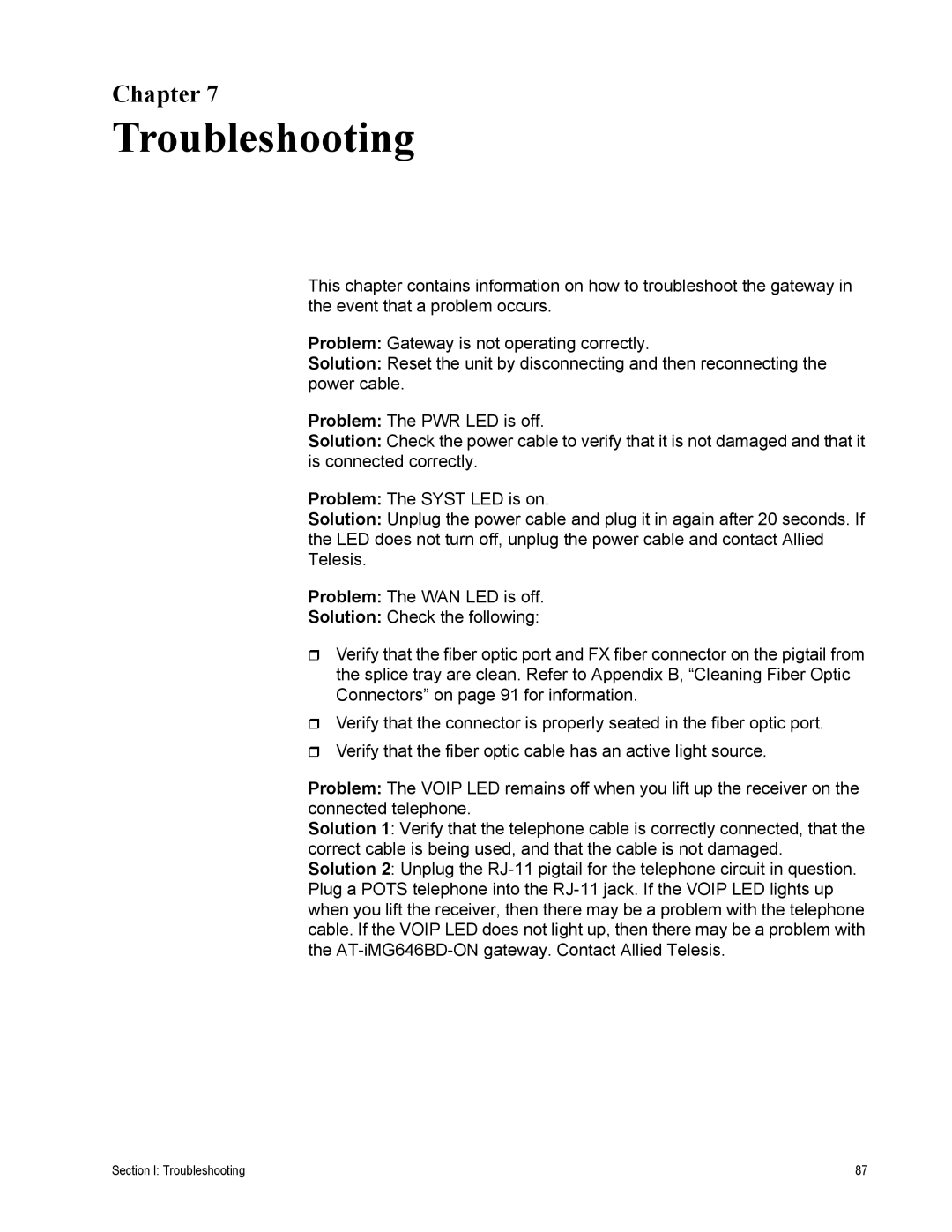 Allied Telesis AT-iMG646PX-ON, AT-EN646 manual Section I Troubleshooting 