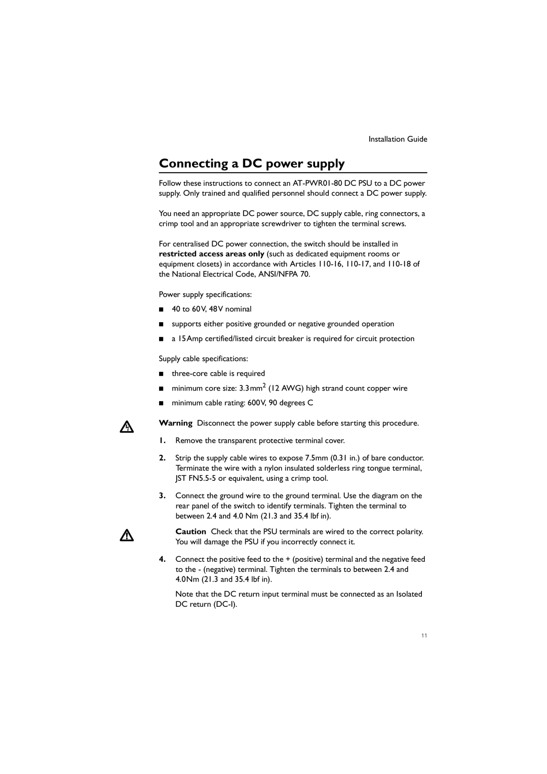 Allied Telesis AT-FAN03, AT-PWR05, AT-FAN01, AT-PWR02 manual Connecting a DC power supply 