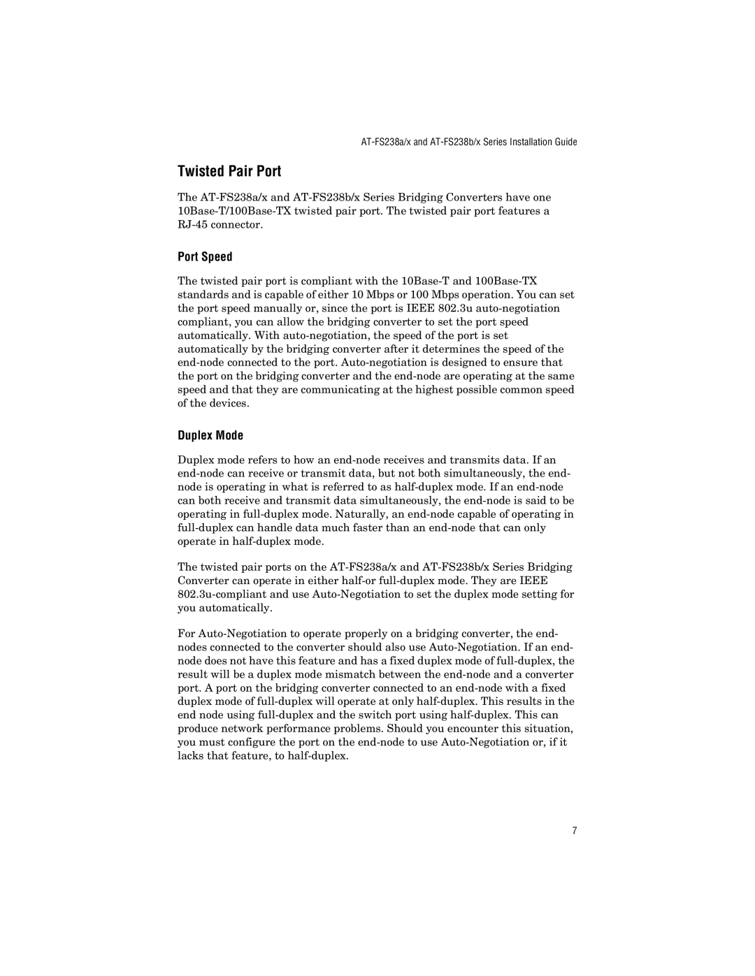 Allied Telesis AT-FS238a/1, AT-FS238b/1, AT-FS238b/2, AT-FS238a/2 manual Twisted Pair Port, Port Speed, Duplex Mode 