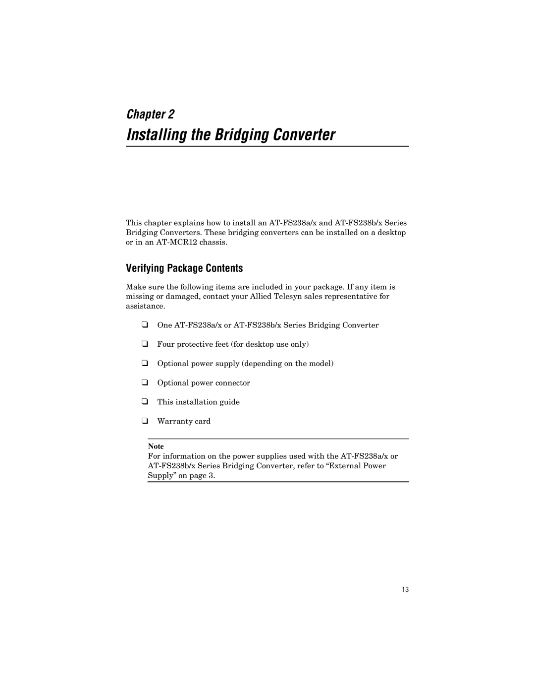 Allied Telesis AT-FS238b/2, AT-FS238b/1, AT-FS238a/2 manual Installing the Bridging Converter, Verifying Package Contents 