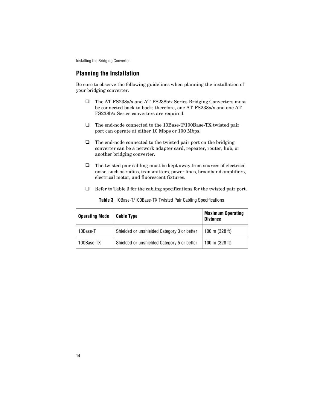 Allied Telesis AT-FS238a/2, AT-FS238b/1, AT-FS238b/2, AT-FS238a/1 manual Planning the Installation, Distance 