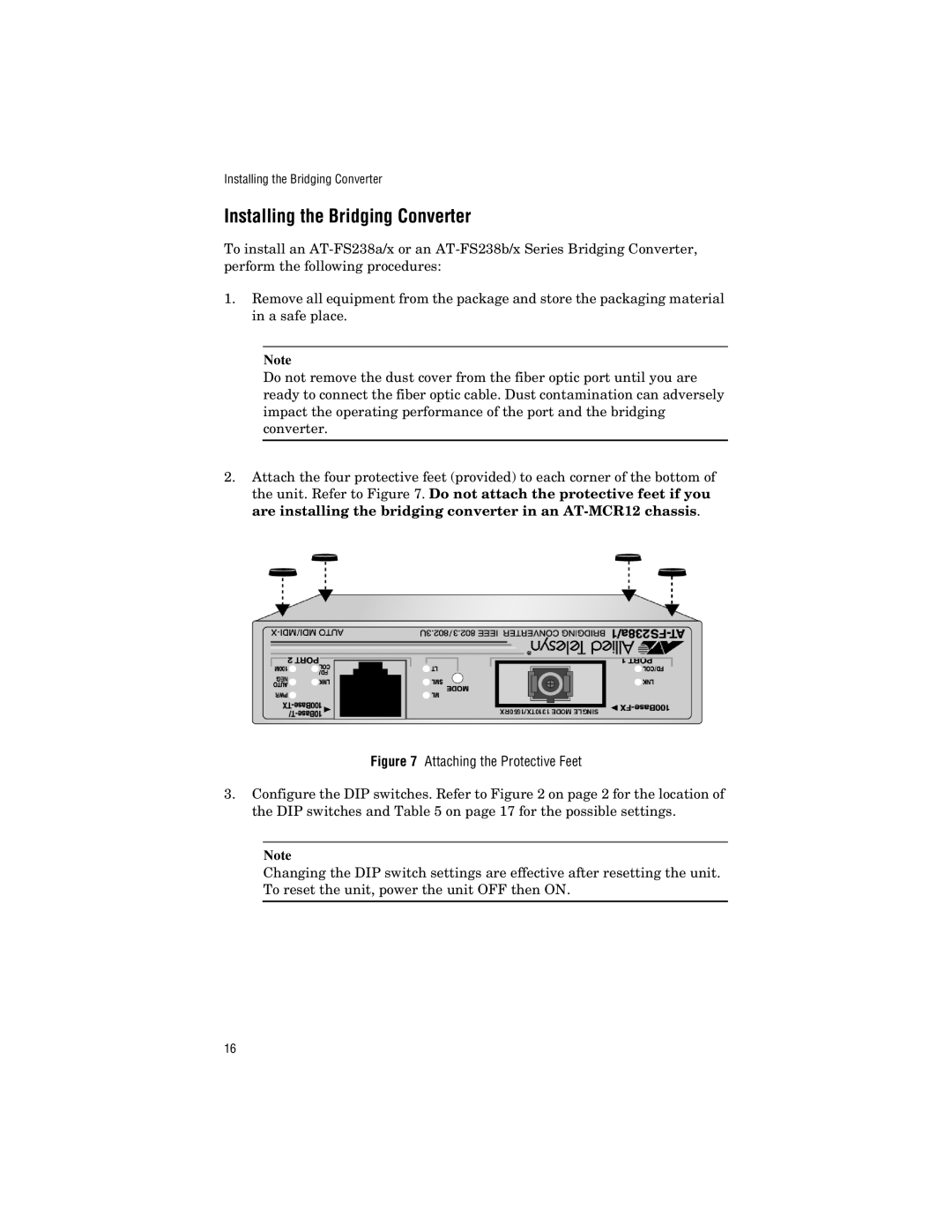 Allied Telesis AT-FS238b/1, AT-FS238b/2, AT-FS238a/2 manual Installing the Bridging Converter, Attaching the Protective Feet 