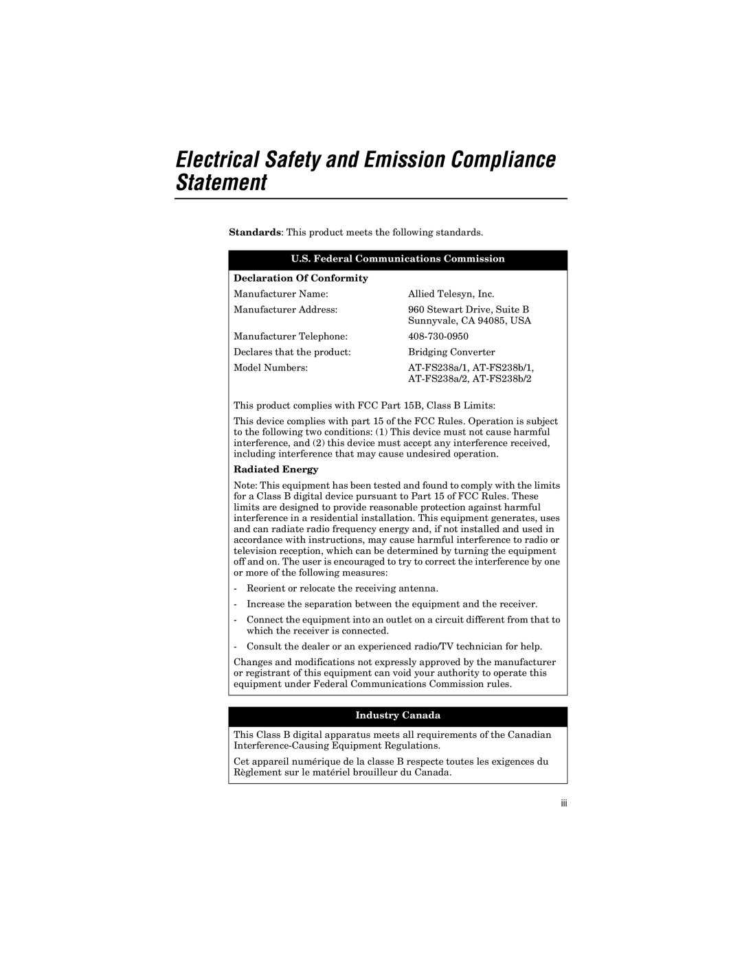 Allied Telesis AT-FS238a/1, AT-FS238b/1, AT-FS238b/2, AT-FS238a/2 manual Declaration Of Conformity, Radiated Energy 