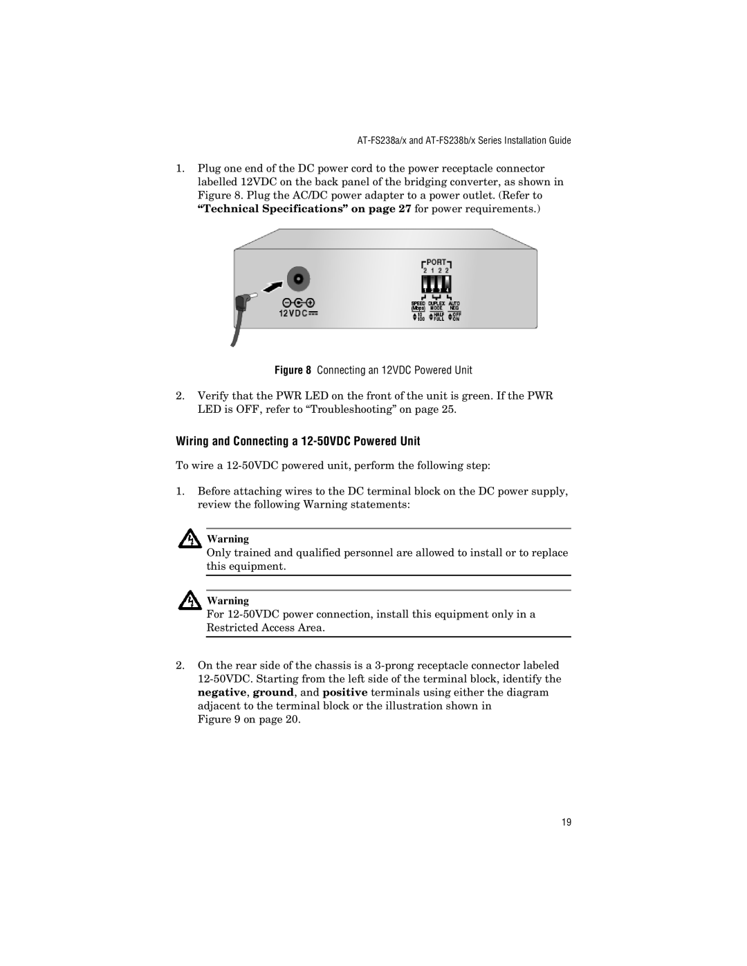 Allied Telesis AT-FS238a/1, AT-FS238b/1 Wiring and Connecting a 12-50VDC Powered Unit, Connecting an 12VDC Powered Unit 