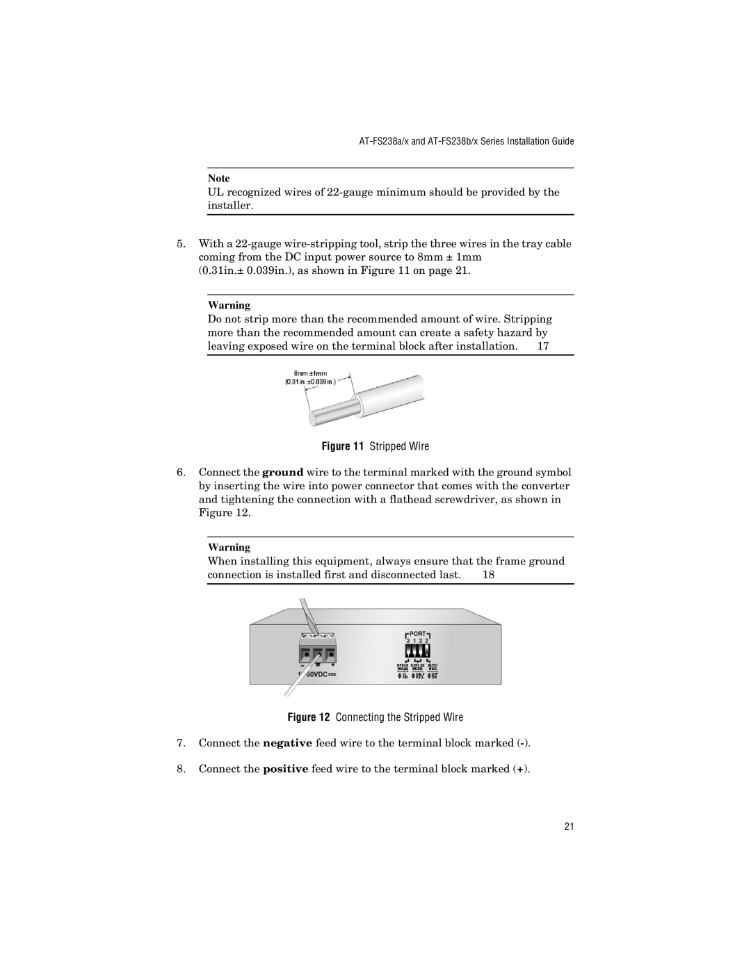 Allied Telesis AT-FS238b/2, AT-FS238b/1, AT-FS238a/2, AT-FS238a/1 manual Connecting the Stripped Wire 