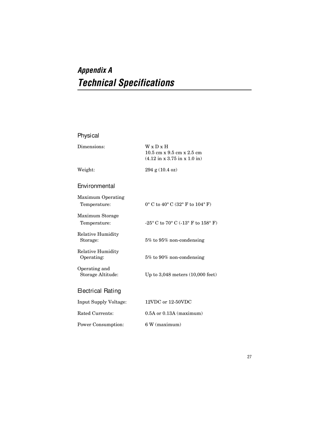 Allied Telesis AT-FS238a/1, AT-FS238b/1, AT-FS238b/2, AT-FS238a/2 manual Physical, Environmental, Electrical Rating 