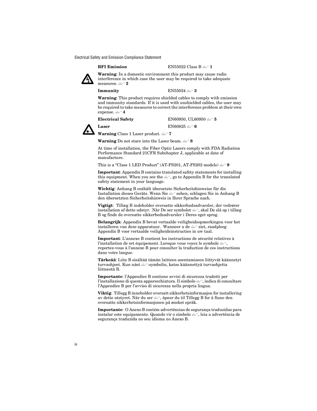 Allied Telesis AT-FS238b/1, AT-FS238b/2, AT-FS238a/2, AT-FS238a/1 manual RFI Emission, Immunity, Electrical Safety, Laser 