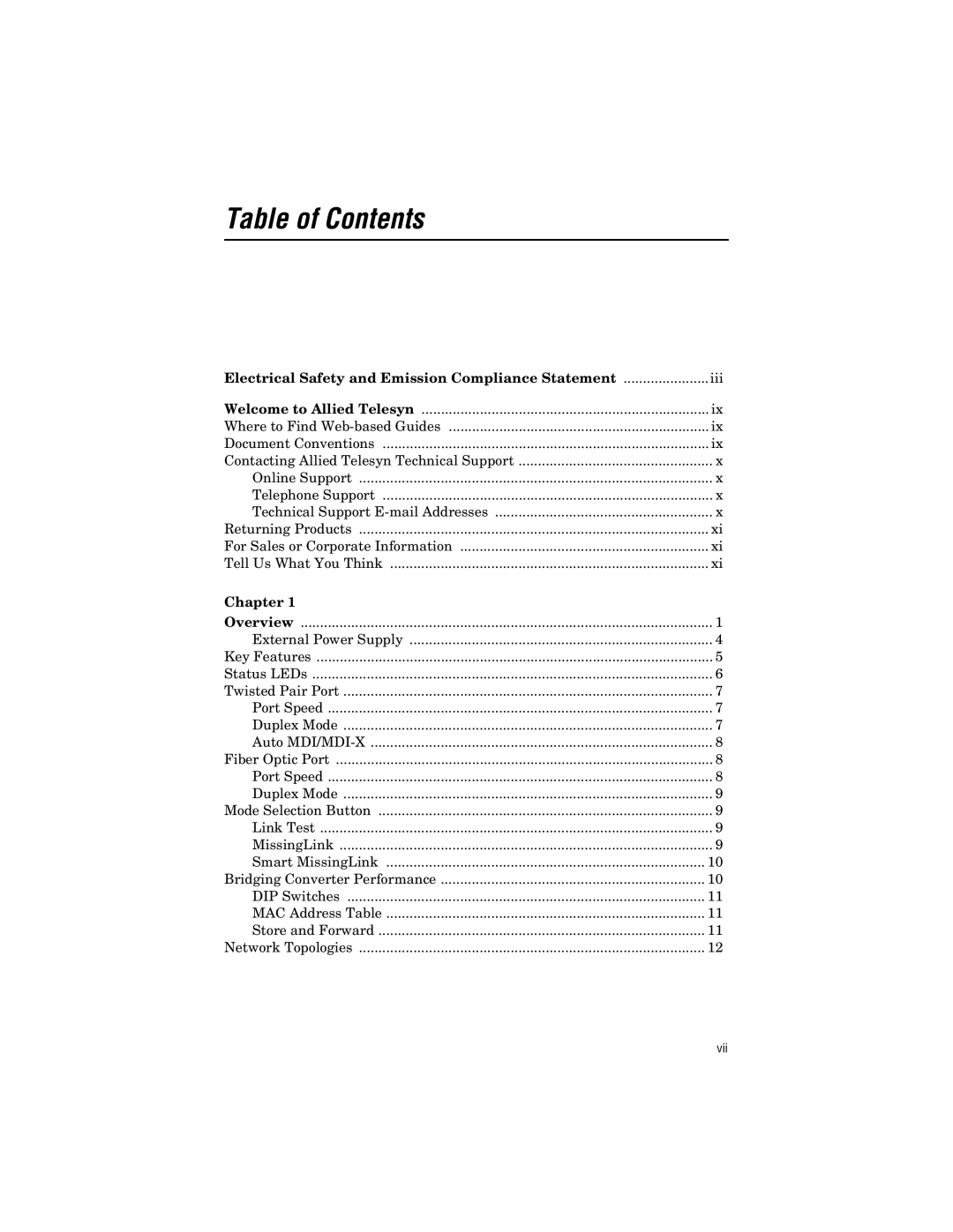 Allied Telesis AT-FS238a/1, AT-FS238b/1, AT-FS238b/2, AT-FS238a/2 manual Table of Contents 