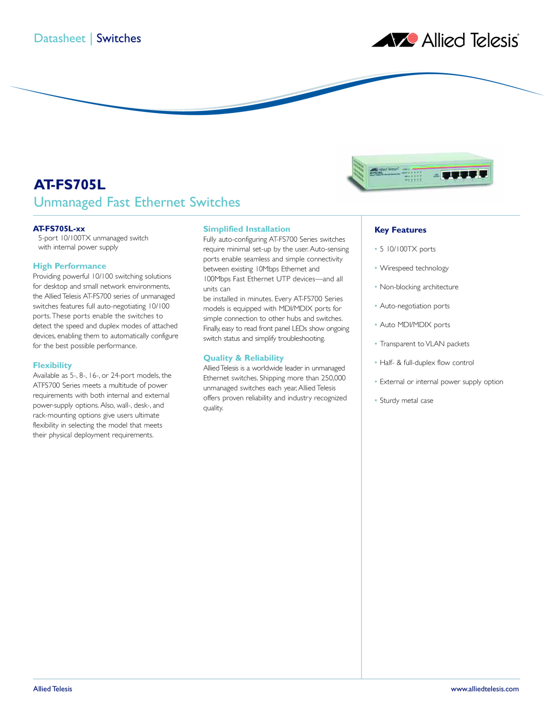 Allied Telesis AT-FS705L manual Unmanaged Fast Ethernet Switches, High Performance, Flexibility, Simplified Installation 