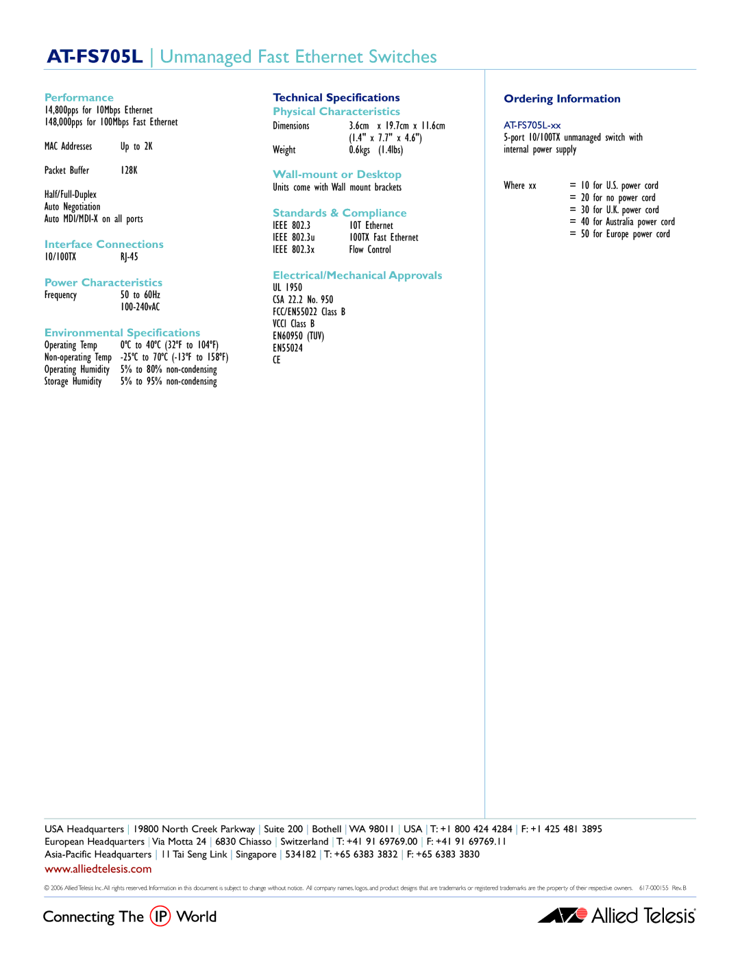 Allied Telesis manual AT-FS705L Unmanaged Fast Ethernet Switches 