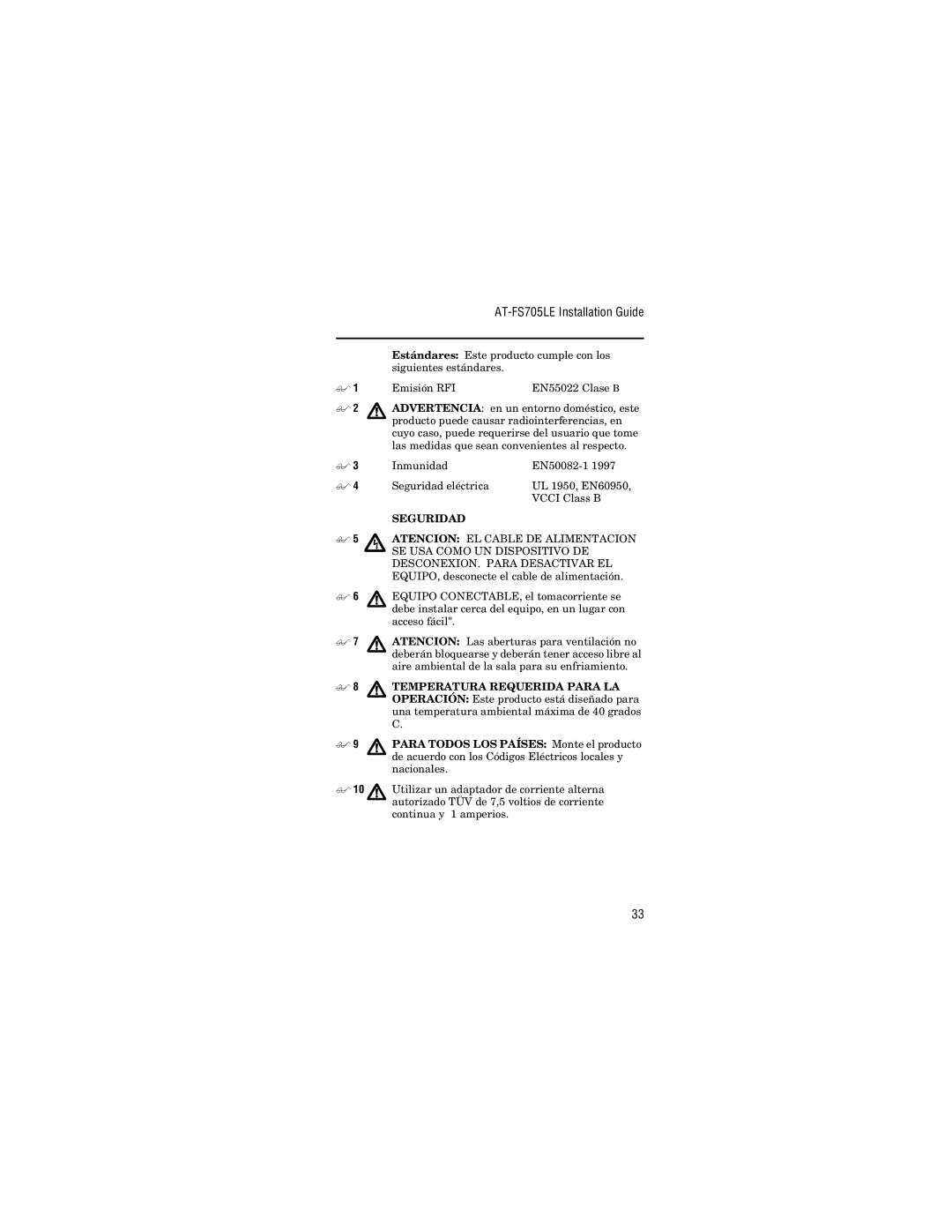 Allied Telesis AT-FS705LE manual Seguridad 