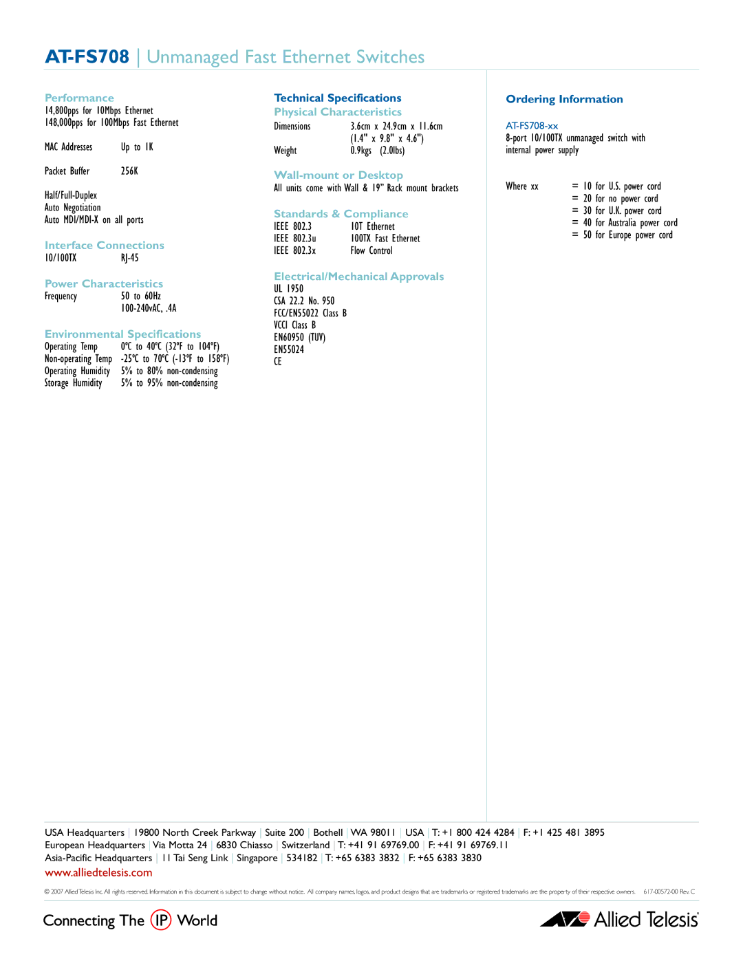 Allied Telesis AT-FS708-xx manual AT-FS708 Unmanaged Fast Ethernet Switches 