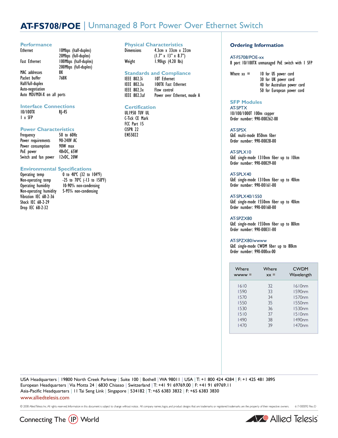 Allied Telesis AT-FS708 manual Performance, Interface Connections, Power Characteristics, Environmental Specifications 