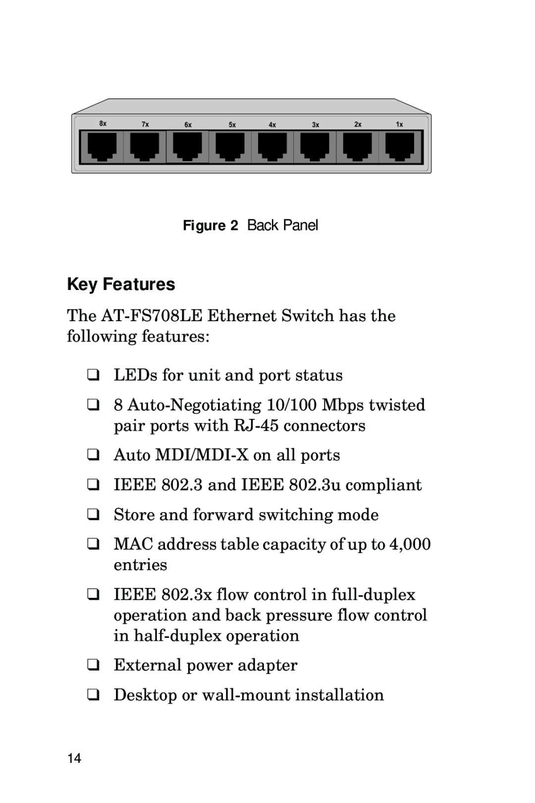 Allied Telesis AT-FS708LE manual Key Features, Back Panel 