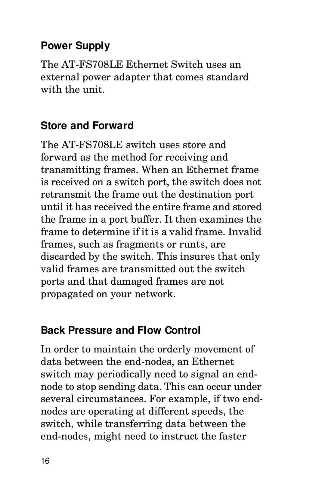 Allied Telesis AT-FS708LE manual Power Supply, Store and Forward, Back Pressure and Flow Control 