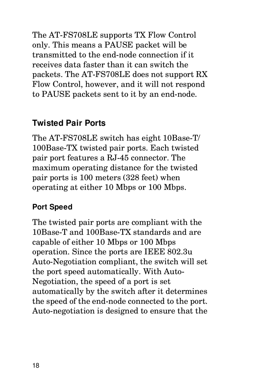 Allied Telesis AT-FS708LE manual Twisted Pair Ports, Port Speed 